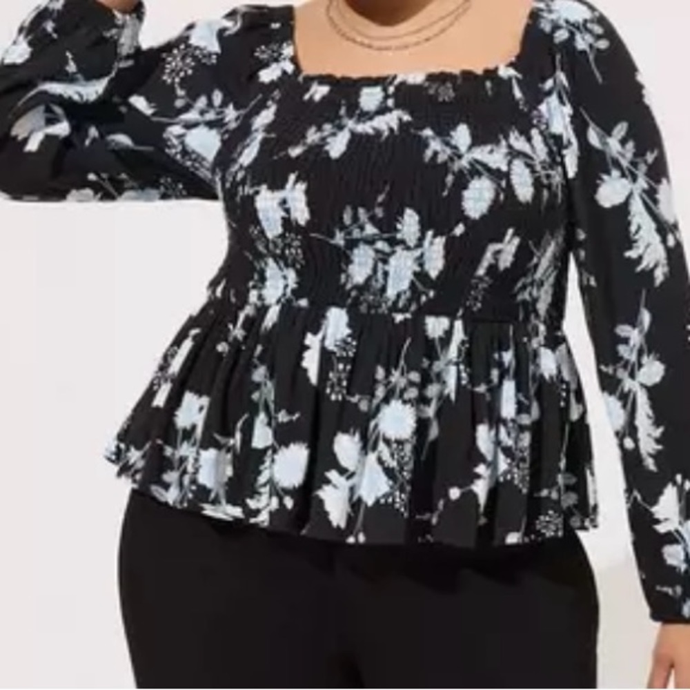 Rayon Slub Smocked Bodice Long Sleeve Crop Blouse